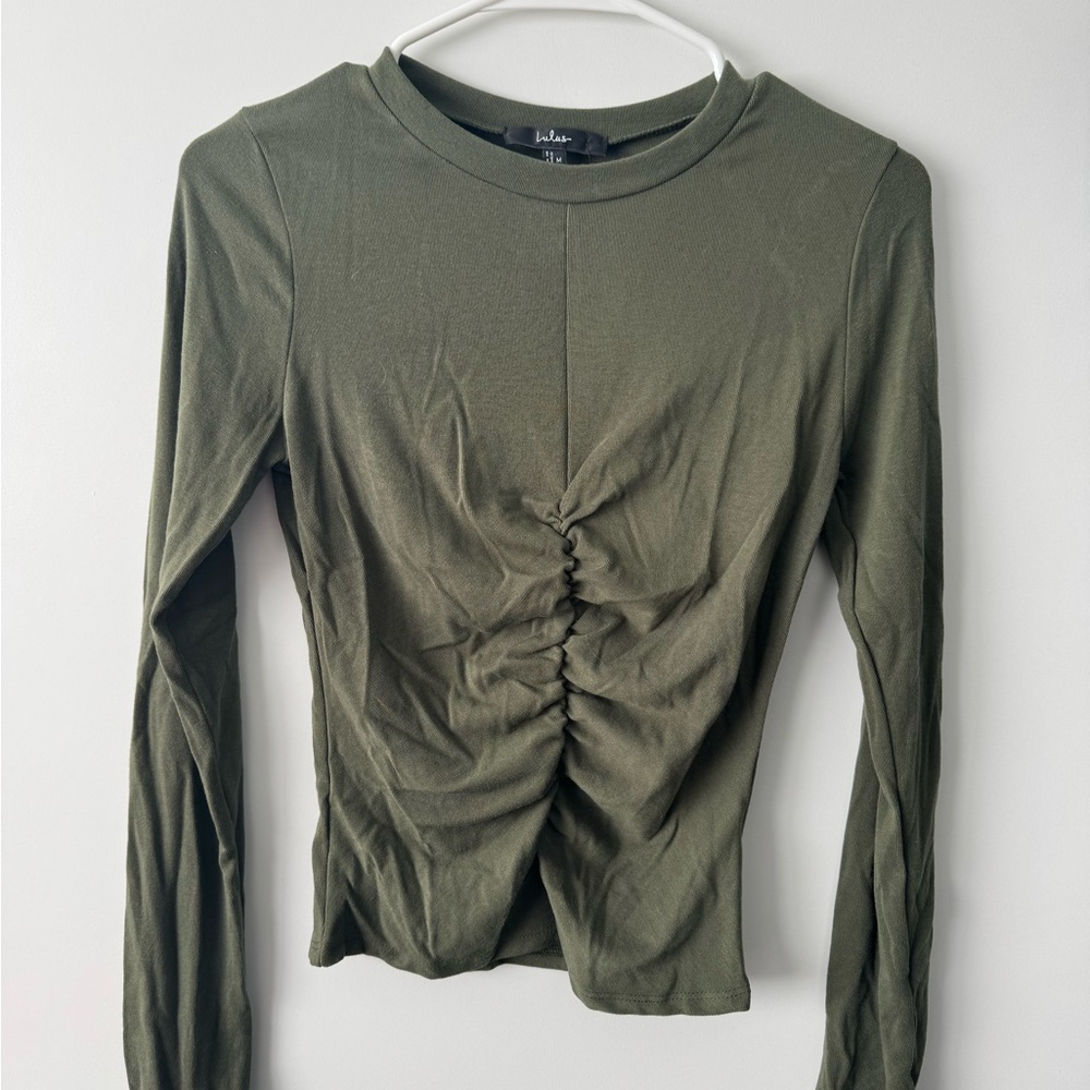 Lulu's Olive Green Long Sleeve Ruched Front Top